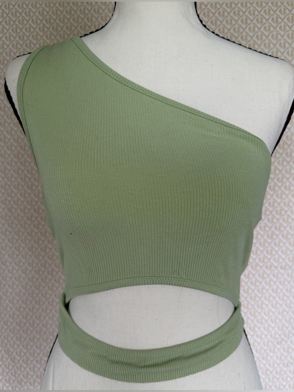 One-Shoulder Ribbed Crop Top in Sage Green